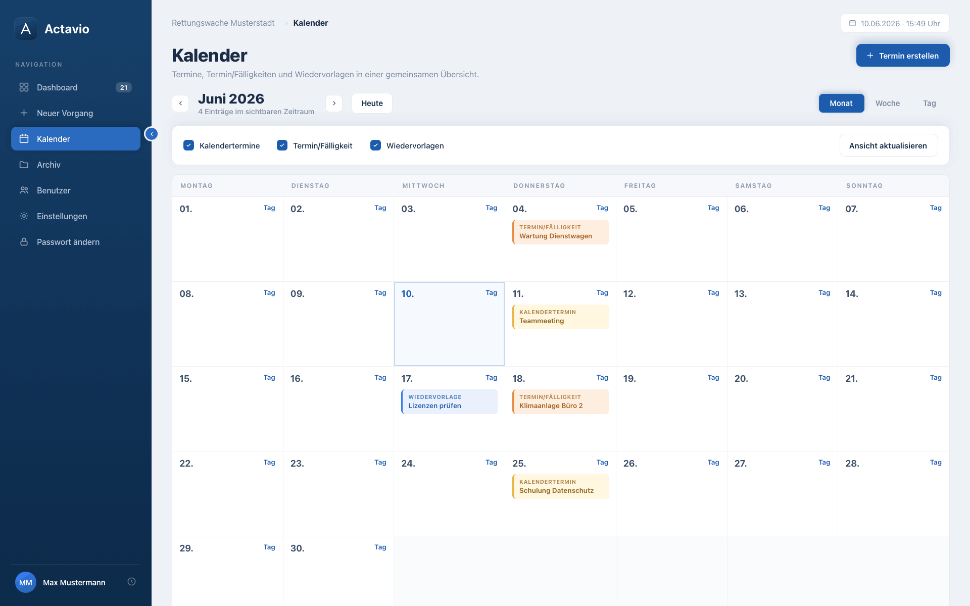 Actavio Kalender mit Wiedervorlagen, Terminen und Fälligkeiten aus allen Akten